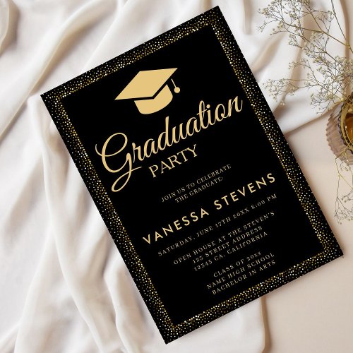 Modern Black Gold Glitter 24 Graduation Cap Party  Invitation