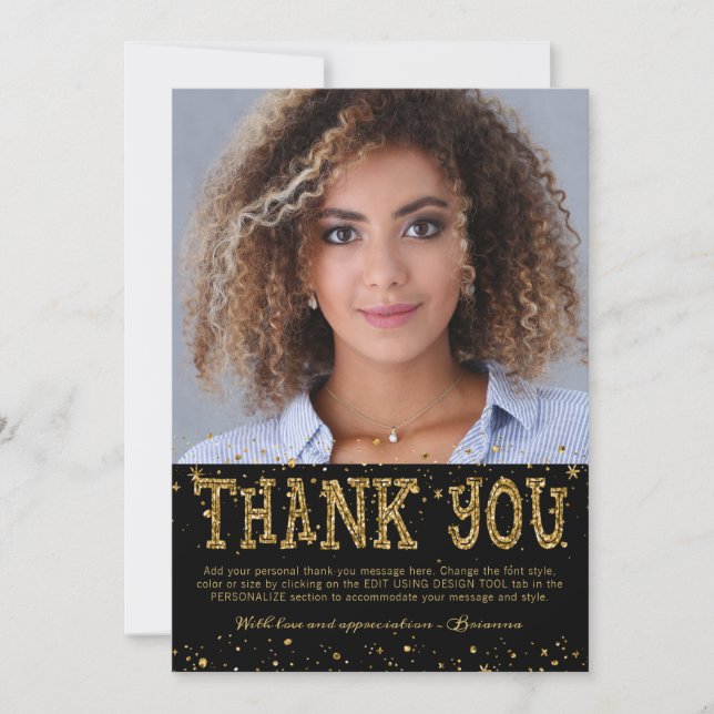 Modern Black Gold Glitter 2 Photo Graduation Thank You Card (Front)