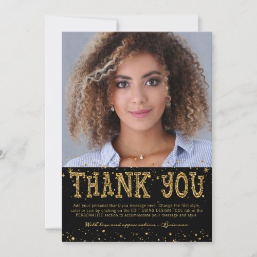 Modern Black Gold Glitter 2 Photo Graduation Thank You Card