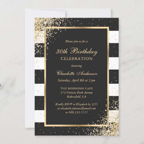 Modern Black Gold Glitter 30th Birthday Invitation