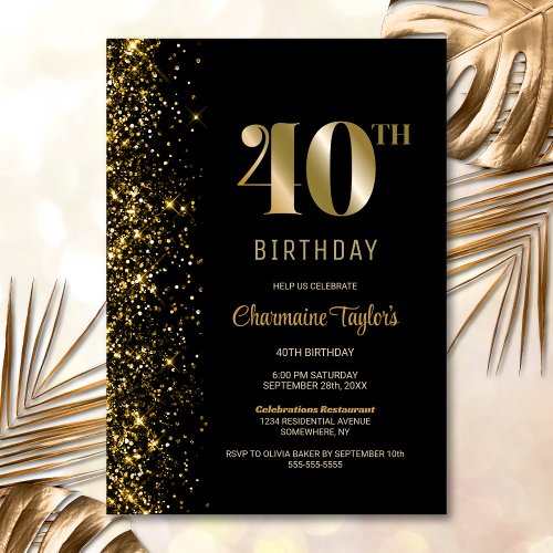 Modern Black Gold Glitter 40th Birthday Party Invitation