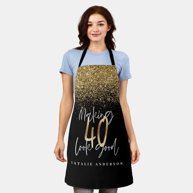 Modern black gold glitter 40th birthday typography apron (Worn)
