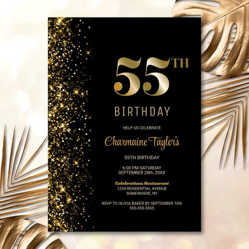 Modern Black Gold Glitter 55th Birthday Party Invitation