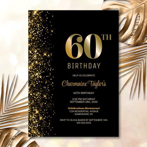 Modern Black Gold Glitter 60th Birthday Party Invitation
