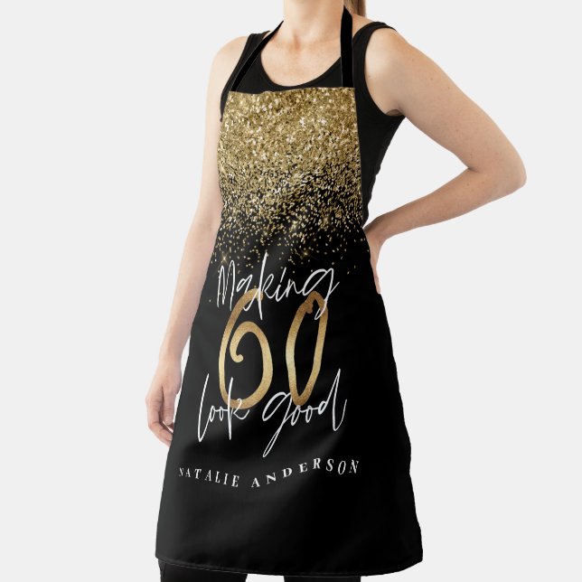 Modern black gold glitter 60th birthday typography apron (Insitu)