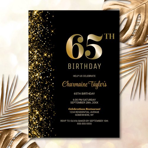 Modern Black Gold Glitter 65th Birthday Party Invitation