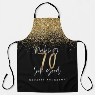Modern black gold glitter 70th birthday typography apron