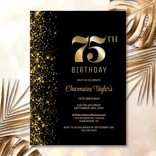 Modern Black Gold Glitter 75th Birthday Party Invitation