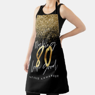 Modern black gold glitter 80th birthday  apron