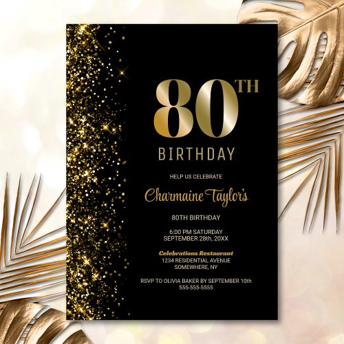 Modern Black Gold Glitter 80th Birthday Party Invitation