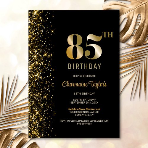 Modern Black Gold Glitter 85th Birthday Party Invitation