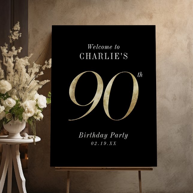Modern black gold glitter 90th birthday welcome foam board (Modern black gold glitter 90th birthday welcome foam board)
