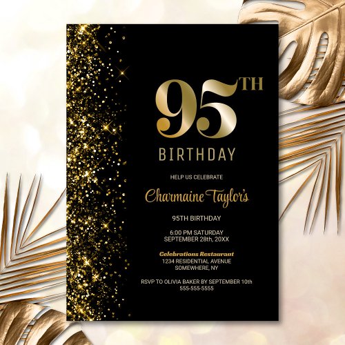 Modern Black Gold Glitter 95th Birthday Party Invitation