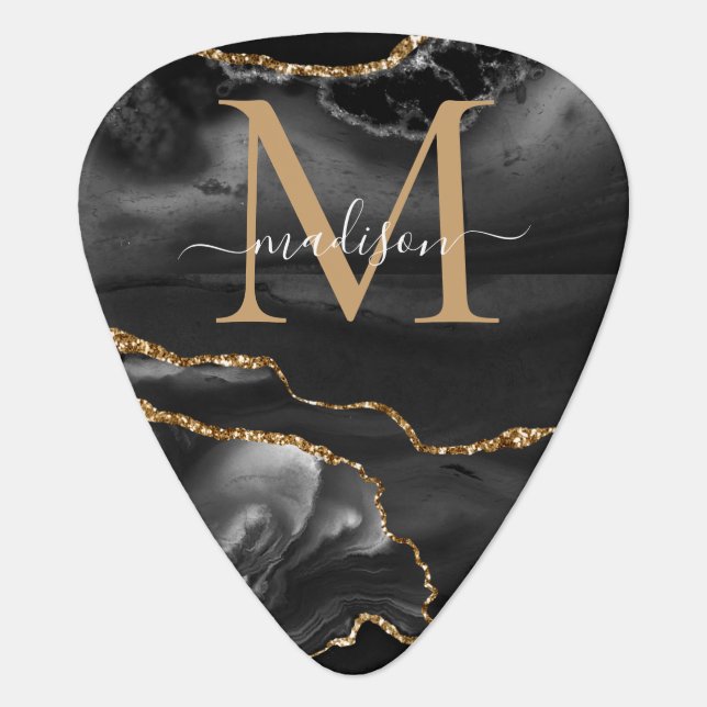 Modern Black Gold Glitter Agate Geode Monogram Guitar Pick (Front)