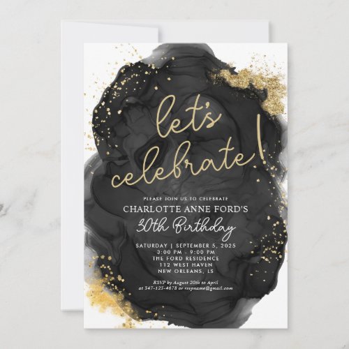 Modern Black Gold Glitter Alcohol Ink Birthday Invitation