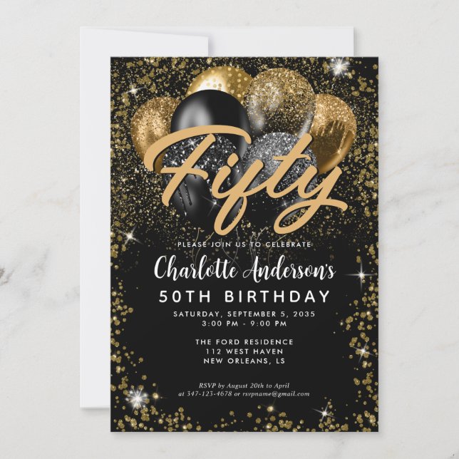 Modern Black Gold Glitter Balloon Any Age Birthday Invitation (Front)