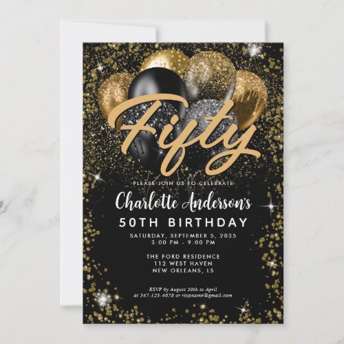 Modern Black Gold Glitter Balloon Any Age Birthday Invitation
