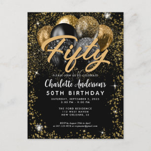 Modern Black Gold Glitter Balloon Any Age Birthday Postcard