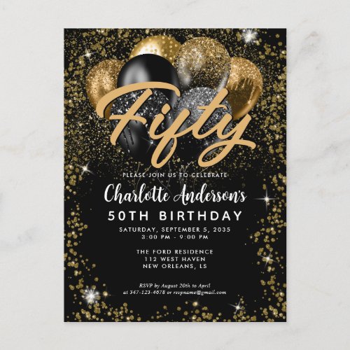 Modern Black Gold Glitter Balloon Any Age Birthday Postcard