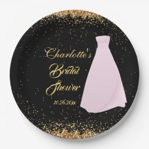 Modern Black & Gold Glitter Bridal Shower Paper Plates