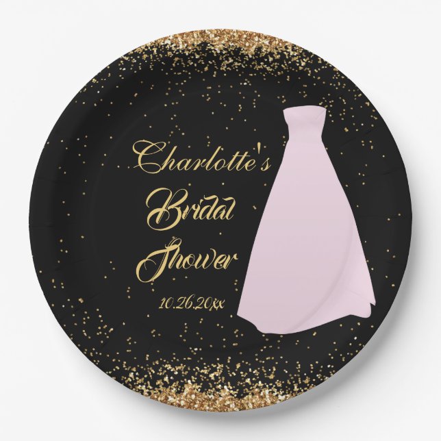 Modern Black & Gold Glitter Bridal Shower Paper Plates (Front)