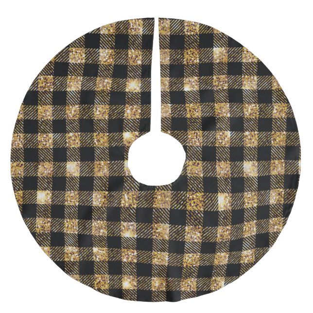 Modern Black Gold Glitter Buffalo Plaid Christmas Brushed Polyester Tree Skirt (Front)