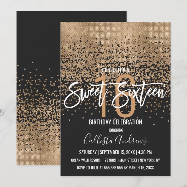 Modern Black Gold Glitter Confetti Sweet 16 Invitation (Front/Back)