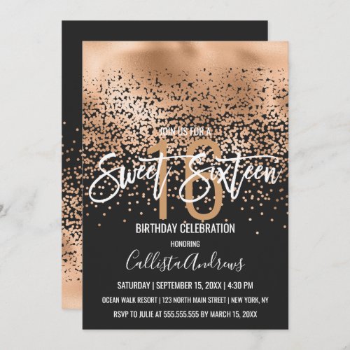 Modern Black Gold Glitter Confetti Sweet 16 Invitation