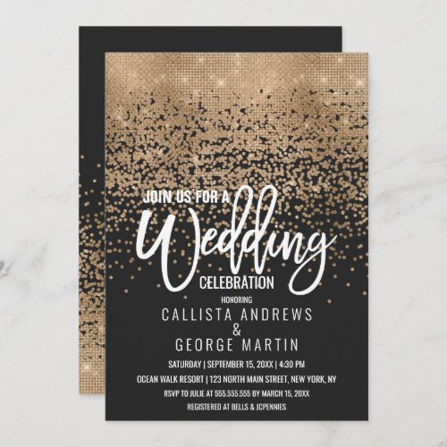 Modern Black Gold Glitter Confetti Wedding Invitation