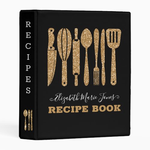 Modern Black Gold Glitter Cooking Utensils Recipe Mini Binder