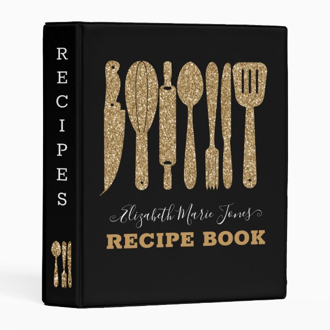 Modern Black Gold Glitter Cooking Utensils Recipe Mini Binder (Front/Spine)