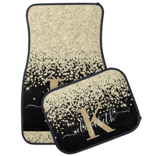 Modern Black Gold Glitter Diamond Monogram Script Car Floor Mat