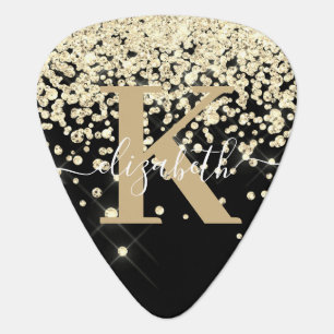 Modern Black Gold Glitter Diamond Monogram Script Guitar Pick
