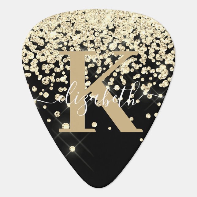 Modern Black Gold Glitter Diamond Monogram Script Guitar Pick (Front)
