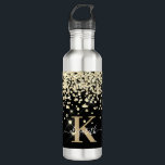 Modern Black Gold Glitter Diamond Monogram Script Stainless Steel Water Bottle<br><div class="desc">Elegant, Luxury, Sparkle Glam, Girly faux black and gold glitter diamond confetti custom personalized monogrammed water bottle. Featuring a faux yellow gold diamonds confetti on black background. Pretty first name signature template in hand lettered typography swash tail font script. Easy to personalize your name and monogram initial. Please note: this...</div>