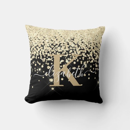 Modern Black Gold Glitter Diamond Monogrammed Throw Pillow