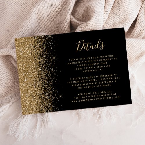 Modern Black Gold Glitter Edge Wedding Details Enclosure Card