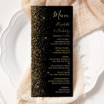 Modern Black Gold Glitter Edge Wedding Menu<br><div class="desc">The left-hand edge of this elegant modern wedding menu features a gold faux glitter design. The customizable text combines pale gold colored handwriting,  copperplate and italic fonts on a black background. The reverse side features a matching black and gold glitter design.</div>