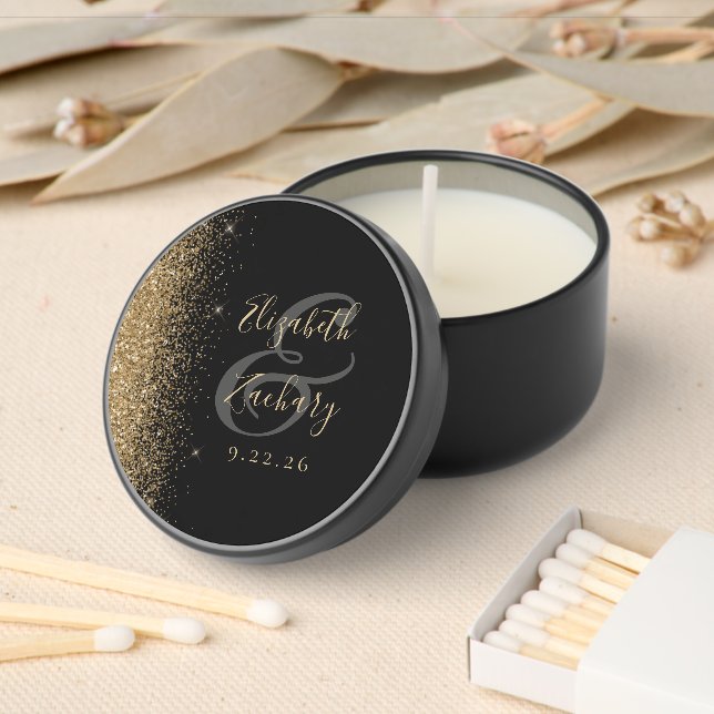 Modern Black Gold Glitter Edge Wedding Mini Candle Favors (Insitu)