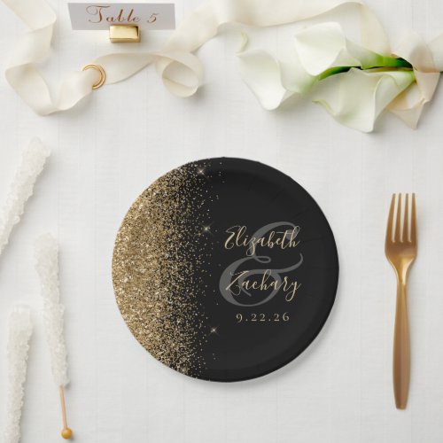 Modern Black Gold Glitter Edge Wedding Paper Plates