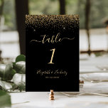 Modern Black Gold Glitter Edge Wedding Table Number<br><div class="desc">The top edge of this elegant modern wedding table number features a gold faux glitter design. The customizable text combines pale gold-colored handwriting,  copperplate and italic fonts on a black background.</div>