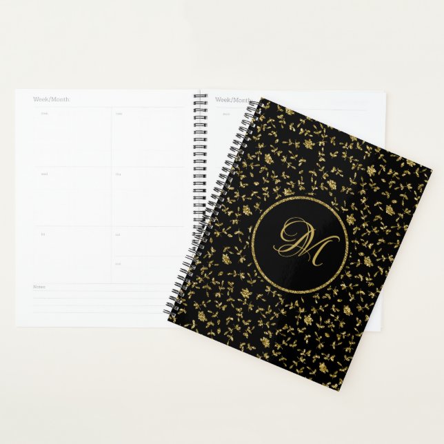 Modern Black Gold Glitter Girly Flowers Planner (Display)