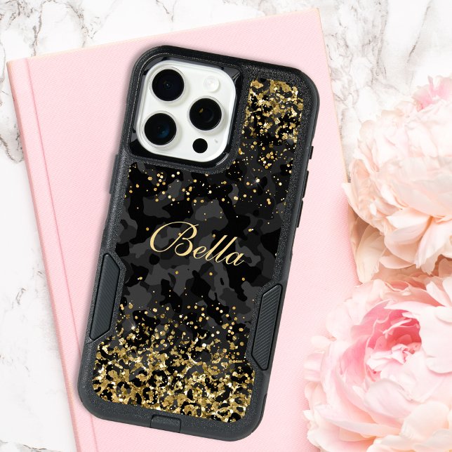 Modern Black Gold Glitter Girly Personalized Name iPhone 15 Pro Max Case (Creator Uploaded)