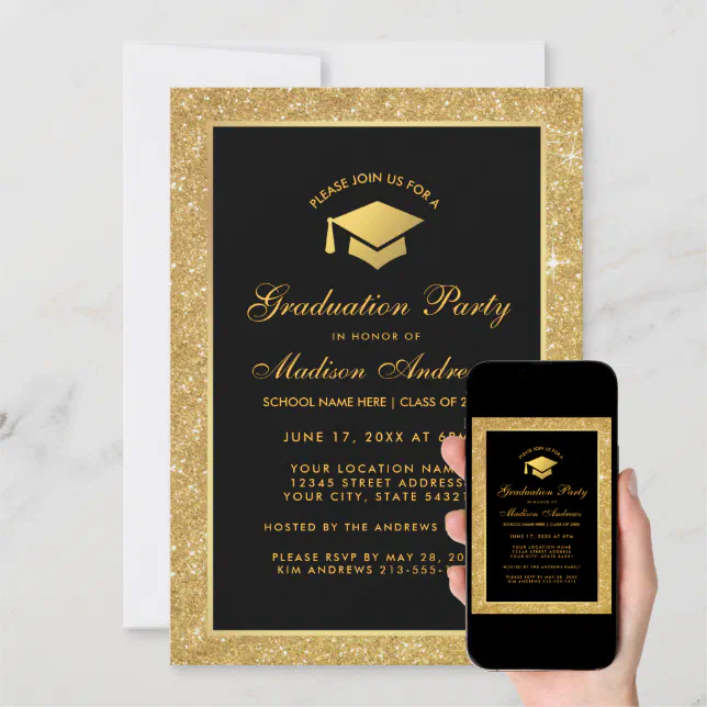 Modern Black Gold Glitter Graduation Party Invite Zazzle 1490