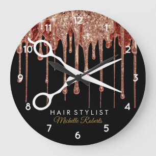 Modern black Gold Glitter Hairstylist  Large Clock