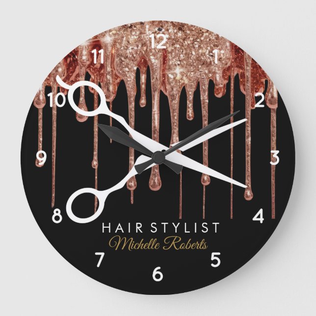 Modern black Gold Glitter Hairstylist  Large Clock (Front)