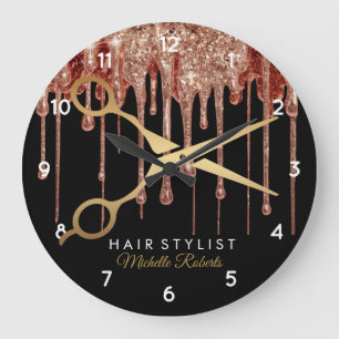 Modern black Gold Glitter Hairstylist  Large Clock