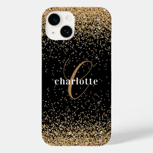 Modern Black Gold Glitter Monogram Name Party Case_Mate iPhone 14 Case