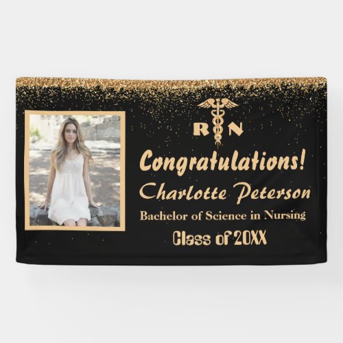 Modern Black  Gold Glitter Nurse Graduation  Banner