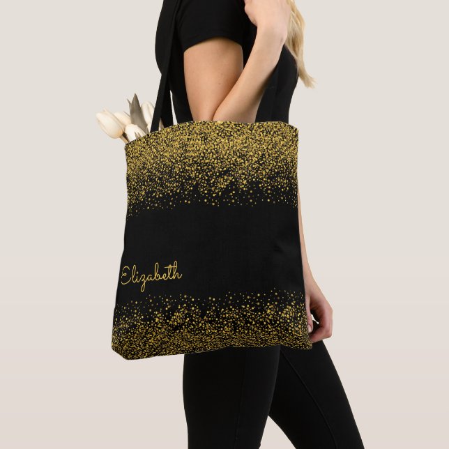 Modern black Gold Glitter Personalized Tote Bag (Close Up)